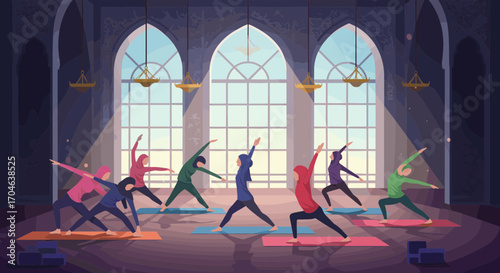 Flat Illustration Of People Doing Yoga Exercise In An Arabic Style Interior With Colorful Outfits And Window Lighting