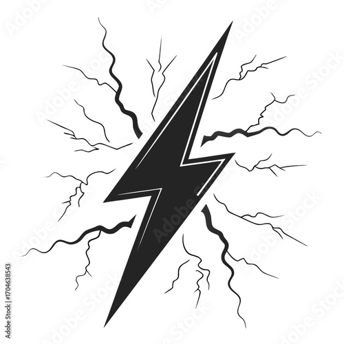 Black lightning bolt with radiating crackling lines on a white background symbol electricity