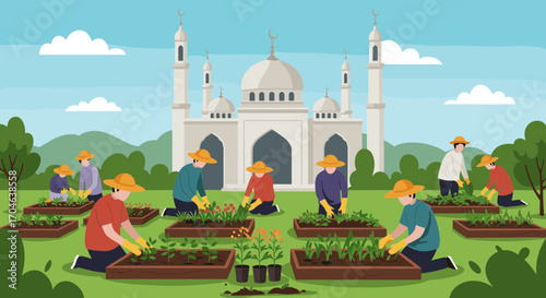 People Gardening In Front Of White Mosque On A Sunny Day With Green Trees and Blue Sky