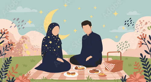 Pixel Art Couple Having Picnic Outdoors Under Moon And Stars With Floral Garden