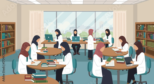 Flat Illustration Of Women In White Coats Studying In A Library Setting With Tables Books And Computers