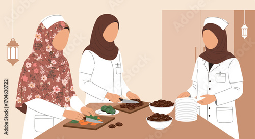 Three Women Preparing Food Together in a Kitchen Wearing Uniforms with Brown and White Tones Flat Illustration