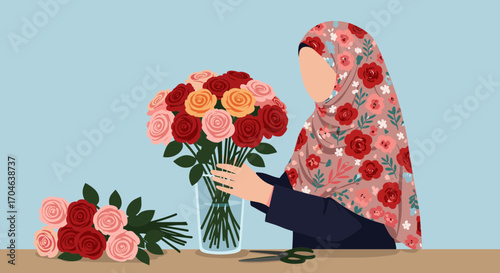 Flat Illustration of a Woman Arranging a Bouquet of Roses in a Vase with a Colorful Floral Hijab and Blue Background