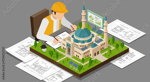 Engineer In Yellow Vest Designing Mosque With Solar Panels On Desk With Blue Dome And Green Trees