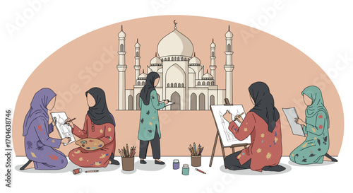 Group Of Women Painting Taj Mahal In India Colorful Flat Illustration
