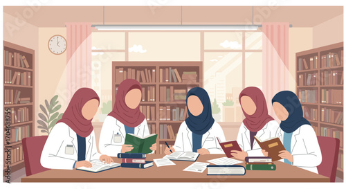 Group Of Muslim Women Studying Books At Library With Bookshelves And Window View
