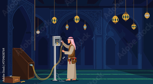 Pixelated Illustration of a Muslim Man in Traditional Attire Inside a Mosque with Lanterns and Electrical Control Panel
