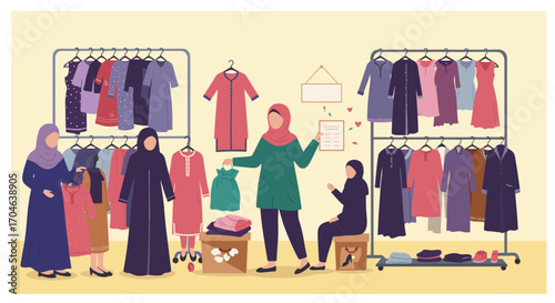 Flat Illustration Of Women Shopping In A Colorful Clothing Store With Garments Displayed On Racks
