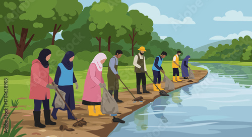 Group Of Volunteers Cleaning Riverbank With Green Trees And Blue Water