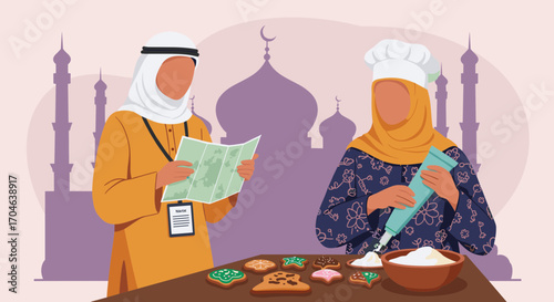 Flat illustration of a Muslim woman and man baking cookies in a kitchen with a pink background and a dome silhouette