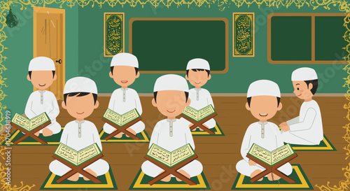 Group Of Boys Studying Koran In Classroom With Green Walls And Wooden Door In Illustration Style