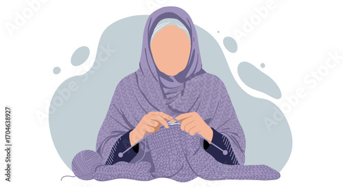 Elderly Woman Knitting Purple Fabric Against Light Gray Abstract Shape on White Background in Flat Vector Illustration