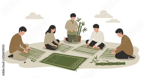 Flat Illustration of a Group of People Crafting Bamboo Items in a Circle on White Background