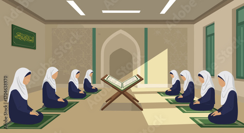 Group Of Muslim Women Studying Holy Book In A Room With Beige Walls And Green Carpets Under Bright Light