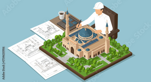 Isometric Flat Illustration Of An Architect Working On Mosque Model With Technical Drawings