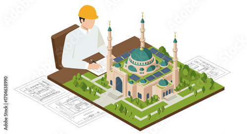 Isometric Mosque Building with Engineer Overseeing Green Solar Panel Rooftop Design