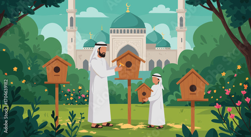 Father And Son Installing Birdhouses In Front Of A Mosque Surrounded By Lush Green Garden