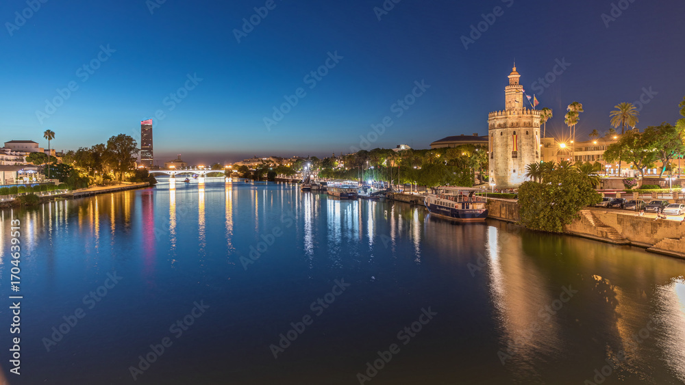 Fototapeta premium Guadalquivir River near Torre del Oro day to night timelapse in Seville, Spain