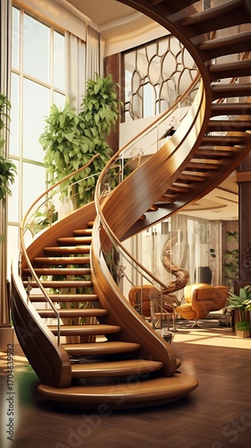 Elegant spiral staircase crafted from wood, bathed in natural light showcases sophistication