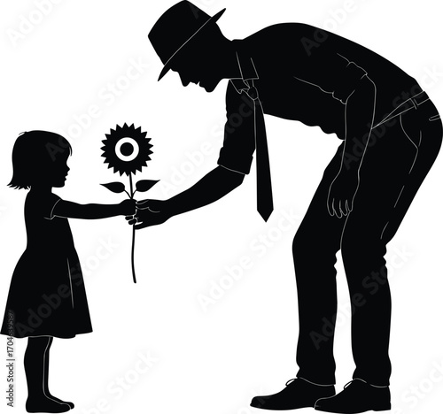 Silhouette of a Little Girl Giving a Flower to Man in Hat, Father Daughter Love, Family Moment Vector