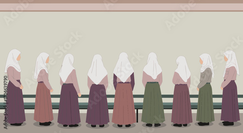 Group Of Modest Women Wearing Headscarves And Dresses In A Flat Illustration Style Standing In A Row With Beige And Brown Background