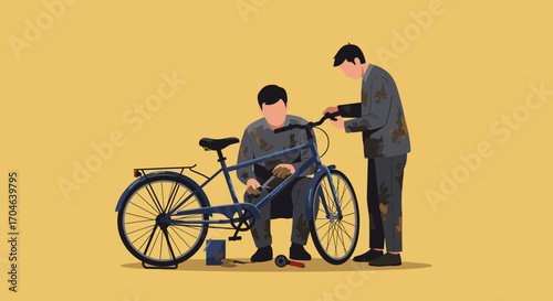 Two Men Repairing Bicycle Flat Illustration On Yellow Background With Pixelated Style And Working Attire
