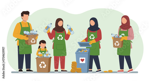 People Recycling Plastic Bottles Into Trash Bins With Green Aprons and Gloves in a Flat Illustration