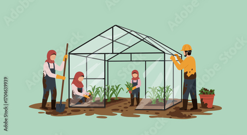 Pixelated Flat Illustration Depicting Family Gardening Inside a Greenhouse with Plants and Tools on a Light Green Background