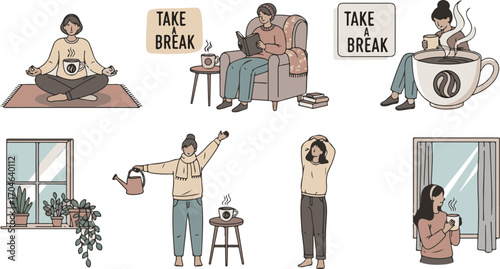 Various Scenes of Women Taking Breaks, Enjoying Coffee, Reading, and Self-Care