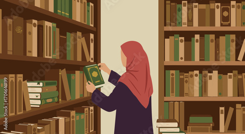 Woman In Hijab Browsing Books On A Library Shelf In Flat Illustration