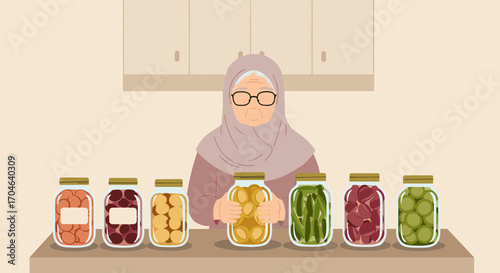 Flat Illustration of Elderly Woman with Headscarf and Glasses Arranging Jars of Preserved Food Items on a Shelf in a Beige Kitchen