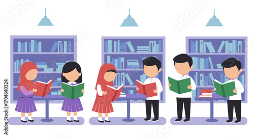 Illustration Of Children Reading Books In Library With Colorful Bookshelves and Overhead Lighting