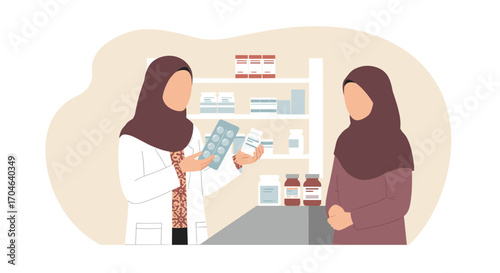 Flat Illustration Depicting Pharmacist Consulting Customer About Medication In A Pharmacy