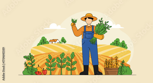 Pixel Art Illustration of a Farmer Holding Harvest in a Field with Wheat Crops and a Rural Landscape