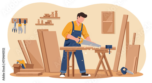 Flat Illustration Of Carpenter Sawing Wood At Workbench In Workshop With Wooden Tools Equipment