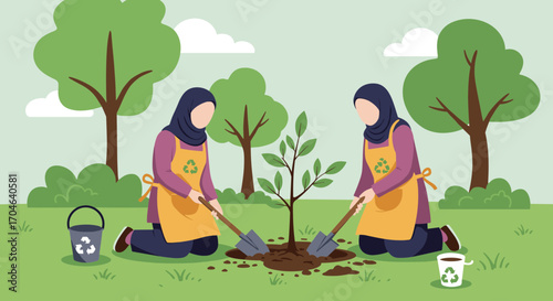 Two Women Planting a Tree Outdoors with Green Aprons Shovels and Recycle Bins in a Flat Illustration