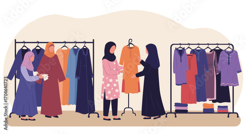 Flat Illustration Of Women Shopping For Clothes At A Retail Store With Hanging Garments Displayed On Clothing Racks
