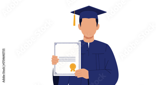 Graduation Illustration of a Person Holding a Diploma in Blue Academic Attire on a Light Blue Background