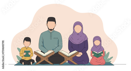 Flat Illustration Of Muslim Family Reading Holy Book Together At Home