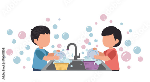 Two pixelated boys washing dishes at the kitchen sink with soap bubbles and colorful plastic baskets in flat illustration style