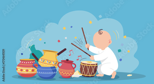 Young Baby Playing Drums With Colorful Pottery Instruments and Pixelated Blue Background