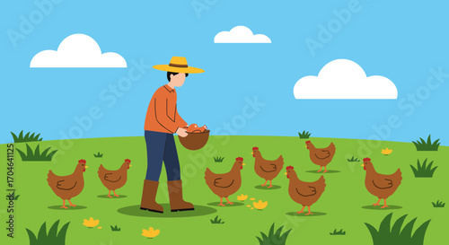 Pixelated Illustration of a Farmer Feeding Chickens in a Green Field Under a Blue Sky with White Clouds