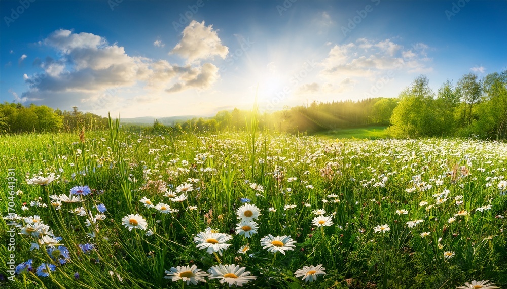 Fototapeta premium Beautiful Wildflowers In A Lush Green Meadow During Spring Season