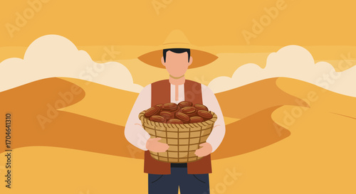 Flat Illustration Of Farmer Holding Date Basket Standing In The Desert Landscape