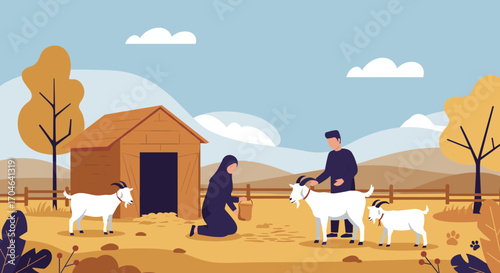 Flat Illustration Of Two People Feeding Goats At Farm With Brown Barn Trees And Cloudy Blue Sky