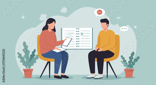 Flat Illustration of a Therapy Session Depicting a Woman and a Man Sitting on Yellow Chairs Discussing Mental Health with a Tablet and Plants in the Background