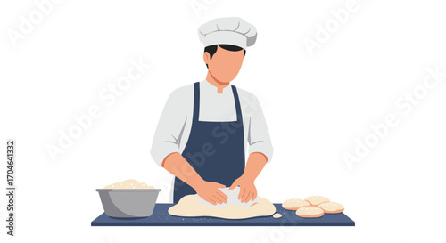 Chef in White Uniform and Apron Kneading Dough at Kitchen Table with Bowl of Flour and Prepared Bread Pieces