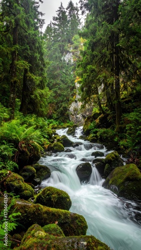 Misty forest stream cascading over rocks. Lush green trees and ferns line the banks