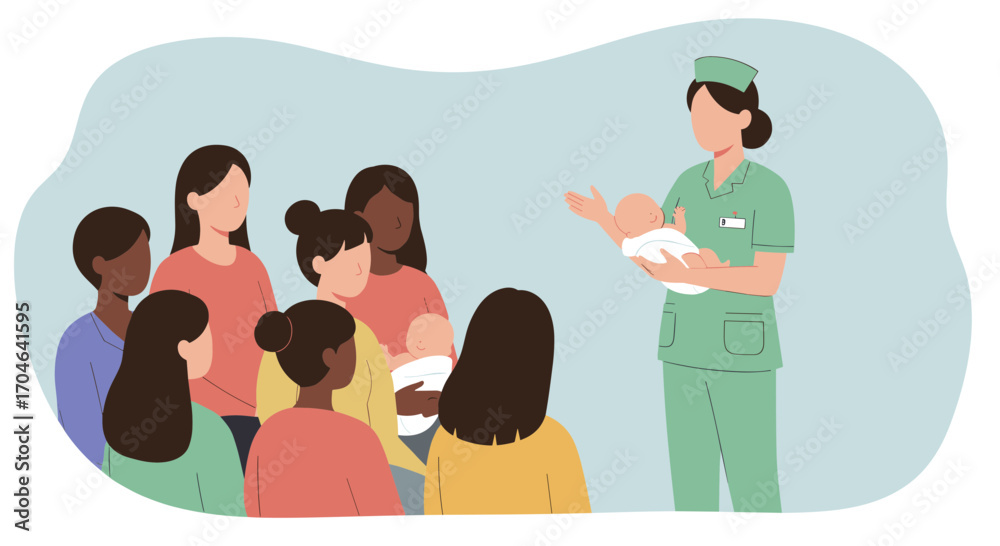 Fototapeta premium Nurse in Green Uniform Presenting Newborn Baby to Group of Women in a Light Blue Background