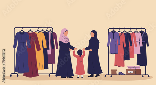 Muslim Women And Child Shopping At Clothing Store Selecting Dresses From Display Rack